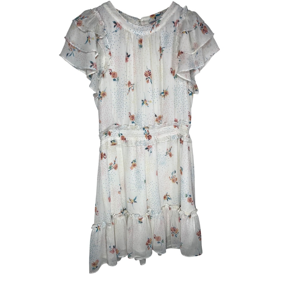 Fate Dress Womens Medium White Floral Tiered Flutter Sleeve Smocked Waist Mini